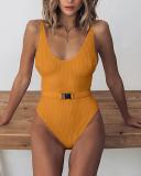 Solid Color Special Fabric Belt Buckle One-piece Swimwear