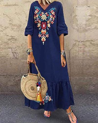Casual Printed V Neck Short Sleeve Plus Size Maxi Dress
