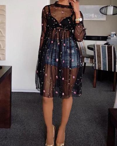 Sheer Mesh Embroidered Cover Up Dress