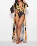 Retro Print Plunge Halter One Piece Swimsuit With Cover Up