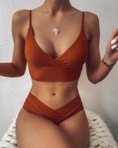 Sexy Solid Color V-neck Bikini Split Swimsuit