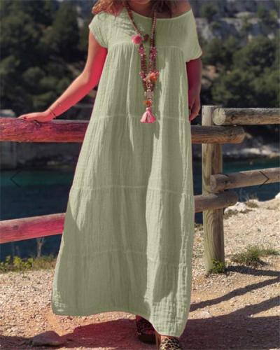 Vintage Bohemian Solid Short Sleeve Midi Dress