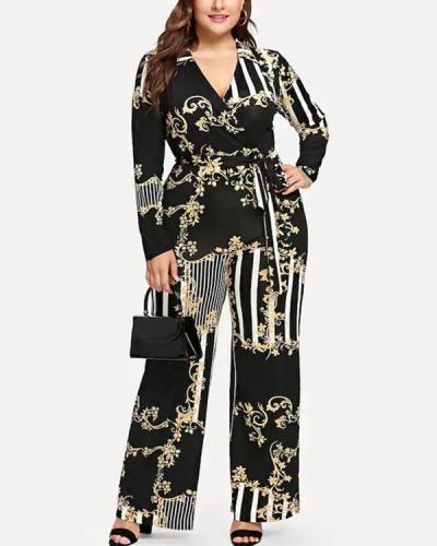 Deep V Printed Trousers Lace-up Jumpsuit