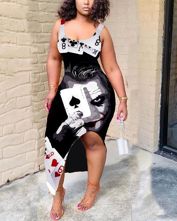 Plus Size Fashion Sleeveless Poker Print Sexy Leg Part Slit Dress