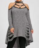 Stitching Off-shoulder Plus Size Hollow Hole Long Top