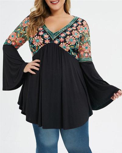 Plus Size Embroidered Plunge Flare Sleeve Top