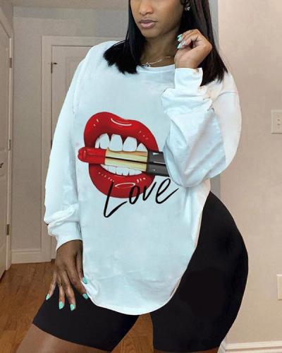 Plus Size Casual Lip Printed Long Sleeve T-Shirt