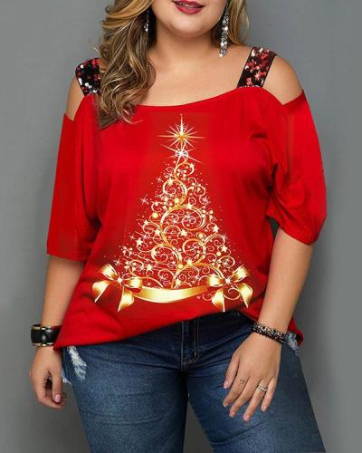 Christmas Tree Print Off Shoulder Loose Short Sleeve T-shirt