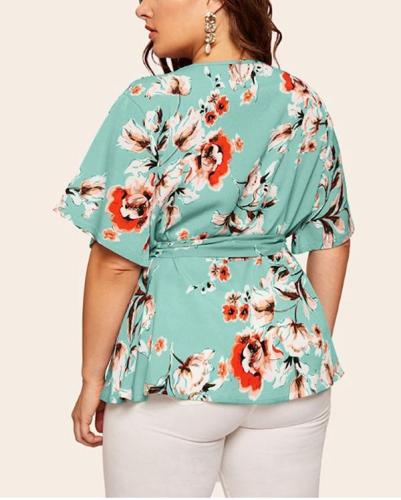 Plus Size V-neck Short-Sleeved Printed Waist-tied Loose Chiffon Top