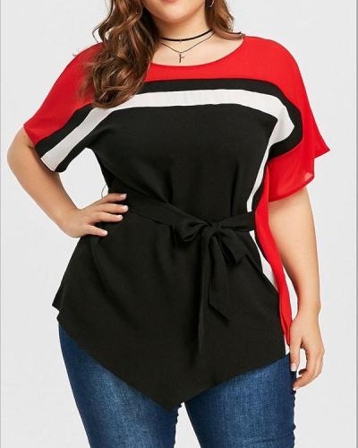 Color Block Round Neck 1/2 Sleeves Casual Elegant Plus Size Blouses