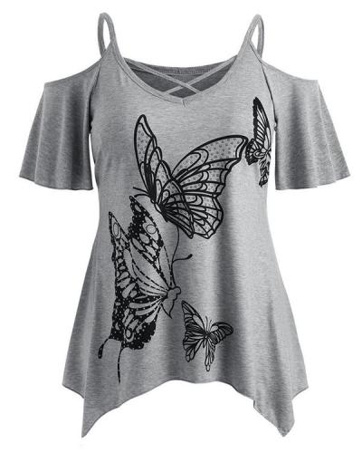 Tunic Butterfly Print Cold Shoulder Cross Top