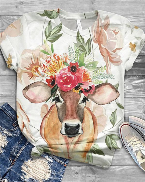 Cute Animal Printed Short Sleeve Crew Neck Shirts & Tops