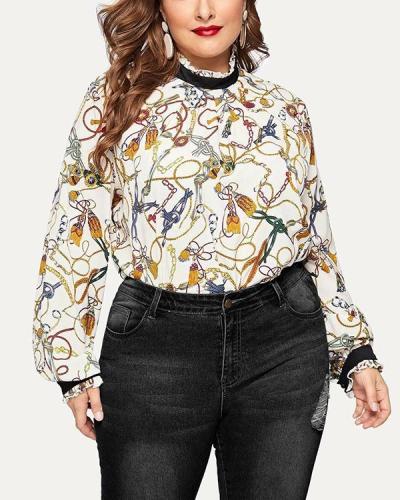 Plus Size Color Matching Small Stand-up Collar Printed Shirt