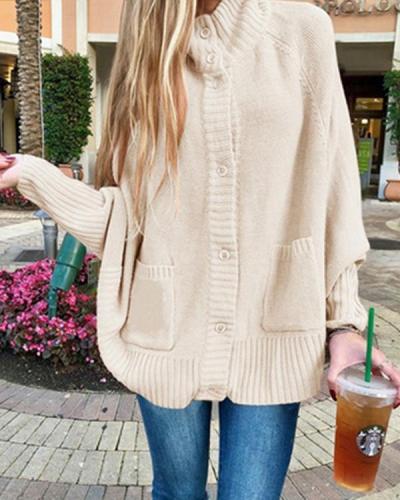 High Neck Button Up Batwing Sleeve Sweater Coat