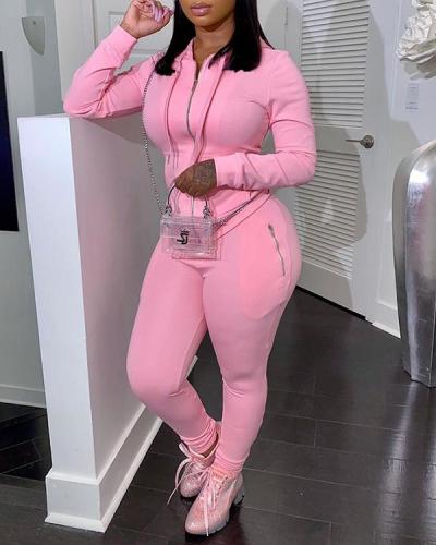 Sexy Polyester Solid Pants Zipper Collar Plus Size Set