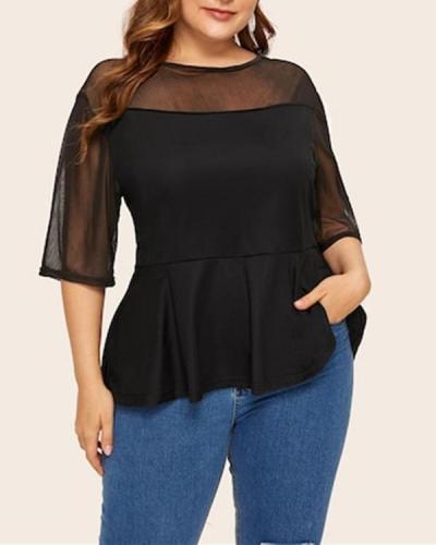 Solid Color Round Neck Half Sleeve Mesh Stitching Plus Size Top