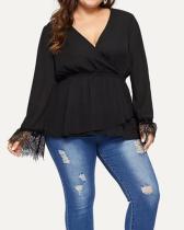 Solid Color V-neck Long-sleeved Lace Stitching Plus Size Top