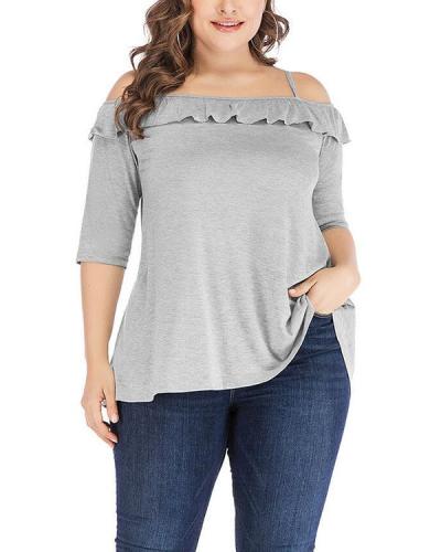 Plus Size Solid Color Ruffle Loose Tops