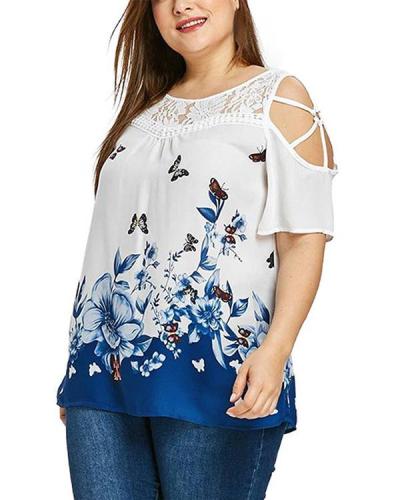 Printed Cold Shoulder Plus Size Tunic Casual Top