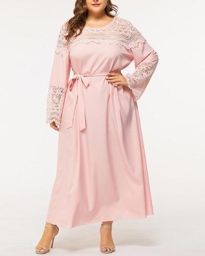 Plus Size Lace Stitching Solid Color Long Sleeve Lace-up Dress