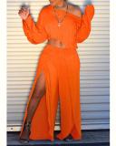 Fashion Solid Crop Top & Slit Pants Set
