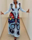 Printed Button Up Long Sleeve Maxi Dress