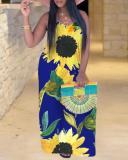 Bohemian V Neck Sunflower Print Yellow Maxi Plus Size Dress