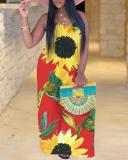 Bohemian V Neck Sunflower Print Yellow Maxi Plus Size Dress