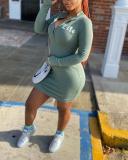 Casual Letter Zipper Design Green Mini Plus Size Dress