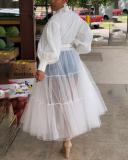 Sheer-Combo Puff-Sleeve Tunic Dress