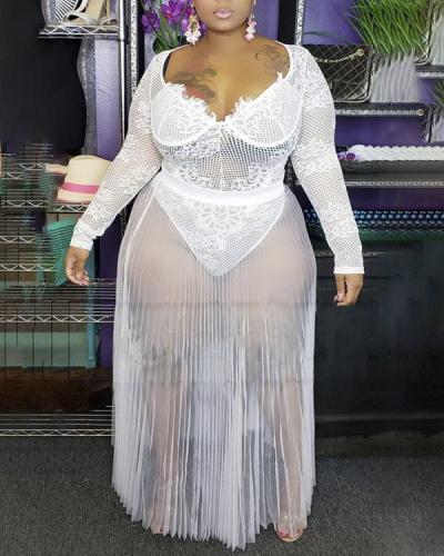 Plus Size Sexy Women's Sheer Dress Lace Long Sleeve Bodysuit Skirt Sets