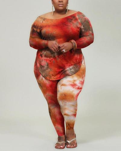 Plus Size Casual Tie-dye Printed Long Sleeve Tops & Pants Suit