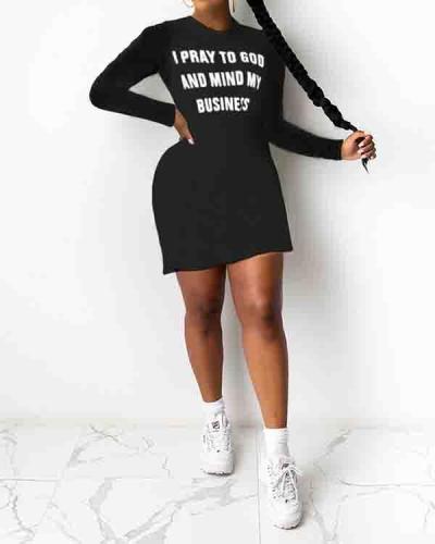 Plus Size Letter Printed Long Sleeve Solid Casual Dress