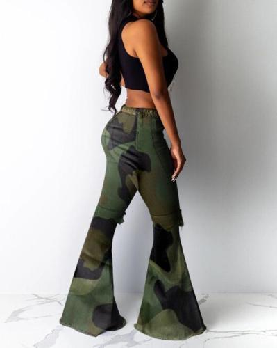 Ripped Flared Pants Camouflage Leopard Print High Stretch Fabric Trousers