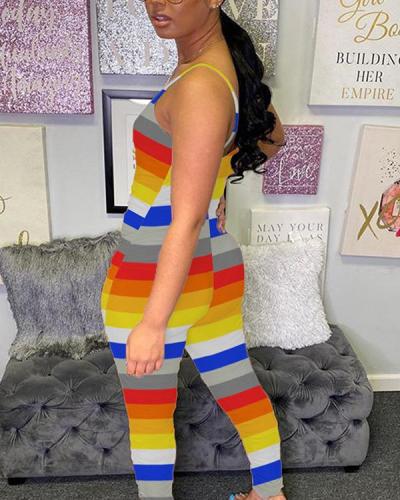 Trendy Rainbow Striped Plus Size One-piece Jumpsuit