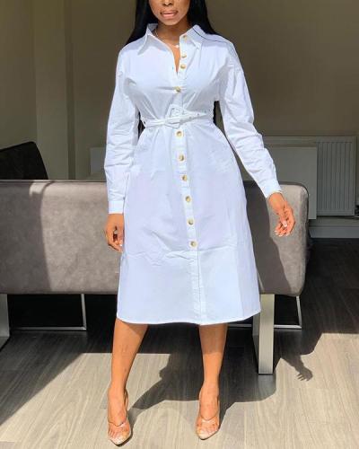 Fashion Solid Color Shirt Dress（Without Belt）