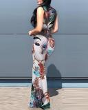 Floor-Length V-Neck Split Pullover Sleeveless Prints Dress