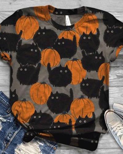 Copy Women 5 Pattern Type Halloween Cat&Pumpkin Short Sleeve T-Shirts
