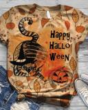Copy Women 5 Pattern Type Halloween Cat&Pumpkin Short Sleeve T-Shirts