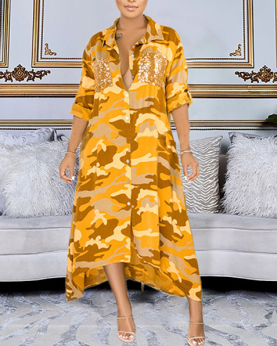 Stand-up Collar Loose Camouflage Print Shirt Dress