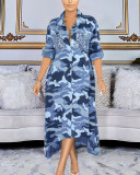 Stand-up Collar Loose Camouflage Print Shirt Dress