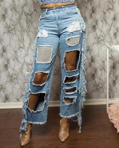 Hollow Out Tassel Splicing Sequin Jeans