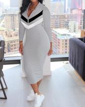Stripe Splicing Zipper Midi Dress