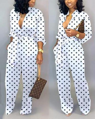 Dot Print Long-sleeved Jumpsuit Trousers