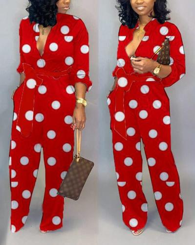 Dot Print Long-sleeved Jumpsuit Trousers