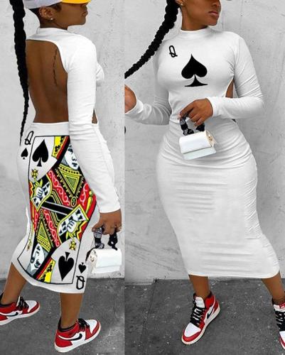 Q Poker Spades Elements Long Sleeve Halter Long Dress