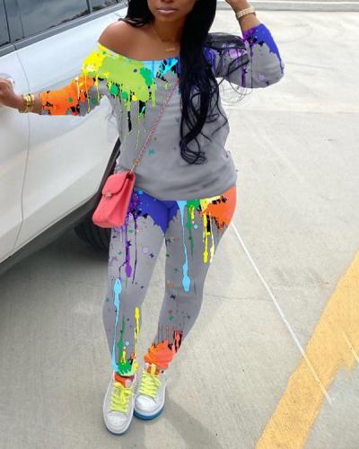 Ink-splattered Print Diagonal Collar Casual Long Sleeve Two-piece Suit