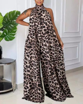 Sexy Leopard Print Open Back Sleeveless Wide-leg Pants Jumpsuit
