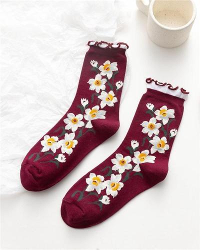 Autumn And Winter In Tube Florets Roll - Up Female Socks