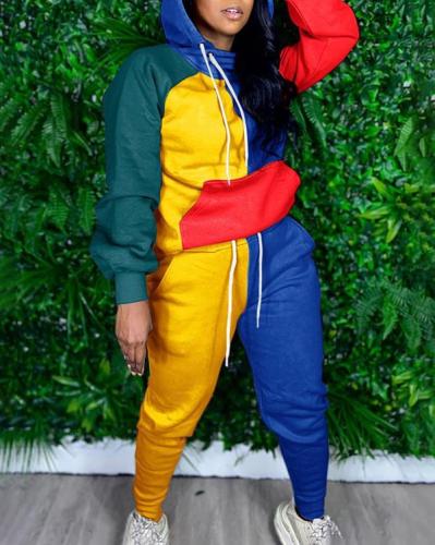 Loose Hooded Long-sleeved Printed Contrast Sweater Two-piece Suit